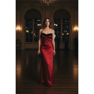 Odessa Maxi Dress Women Red Black Velvet Trim Satin Spaghetti Strap Vintage 8